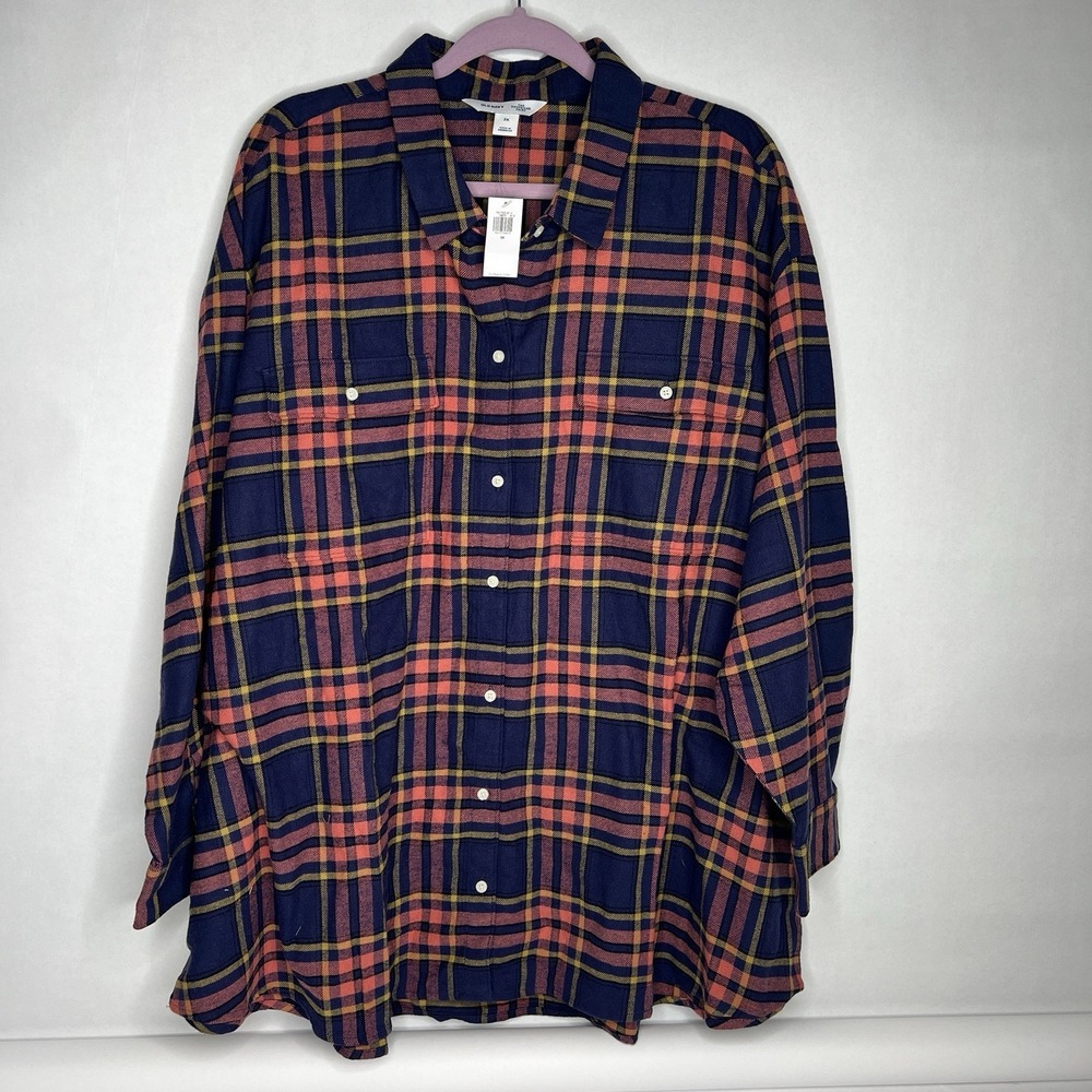 NWT Women's Plus 3X OLD NAVY 100% Cotton Flannel‎ Plaid  Boyfriend Shirt NEW